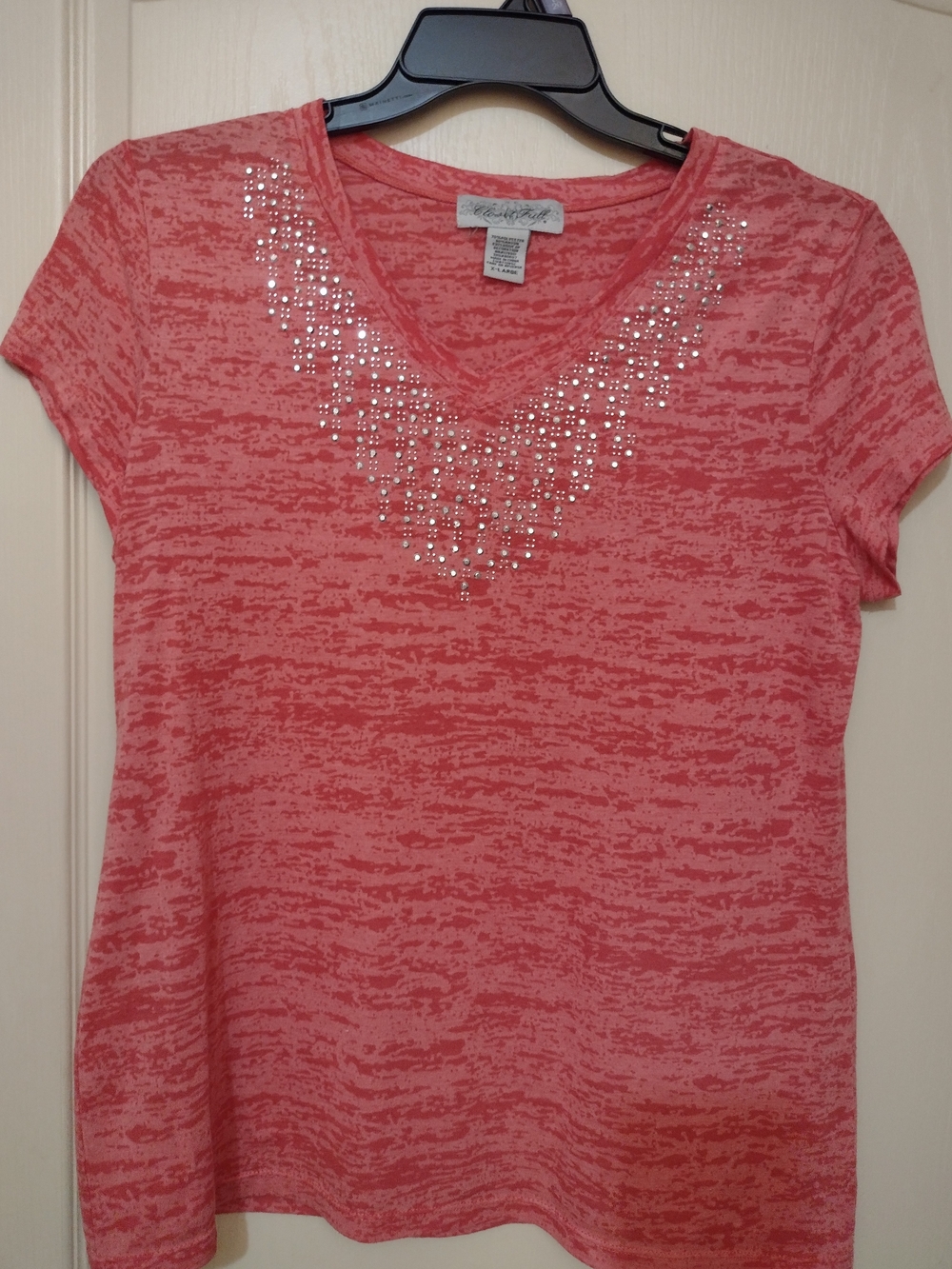Closet Coral Pink Short-Sleeve V-Neck Top with Rhinestone Detail